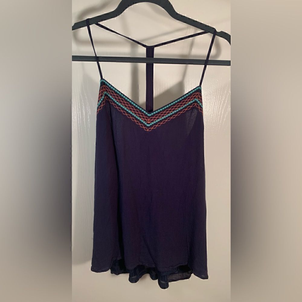 THML EUC navy blue/orange/green embroidered halter style tank top Size XL